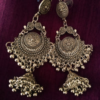 E0682_Gorgeous german silver oxidized long danglers with delicate craft work with a touch of beautiful jumka drop.