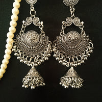 E0682_Gorgeous german silver oxidized long danglers with delicate craft work with a touch of beautiful jumka drop.