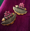 E0683_Gorgeous grand german silver oxidized crafted earrings with delicate craft work with a touch of pink stones.