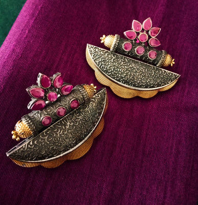 E0683_Gorgeous grand german silver oxidized crafted earrings with delicate craft work with a touch of pink stones.
