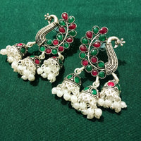 E0693_Dazzling grand peacock design danglers with a delicate stone work of pink & green stones with a touch of jumka drops along with pearl drops.