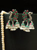 E0693_Dazzling grand peacock design danglers with a delicate stone work of pink & green stones with a touch of jumka drops along with pearl drops.