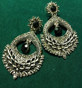 E0695_Classy german silver oxidized danglers with delicate craft work with a touch of black stones.