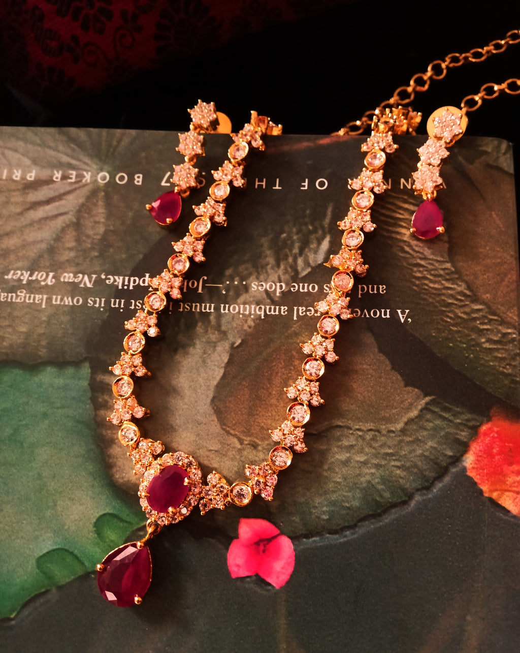 N0186_Elegant Micro Gold plated Necklace with delicate work studded with American Diamond & Semi Precious pink ruby stones