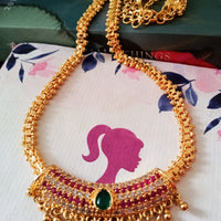 N0163_Elegant Micro Gold plated Necklace set studded  with a touch of pink & green ruby stones with a touch of pearls.