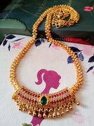 N0163_Elegant Micro Gold plated Necklace set studded  with a touch of pink & green ruby stones with a touch of pearls.