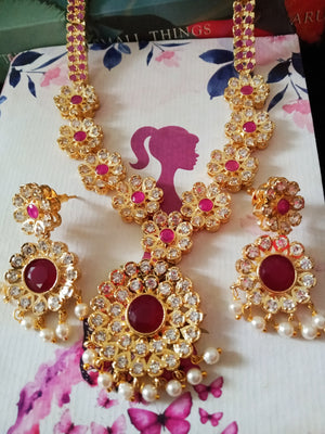 N0162_Elegant Micro Gold plated Necklace set studded  with a touch of pink ruby stones with a touch of pearls.