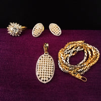 N080_Elegant Gold & Silver plated dual tone necklace set with earrings and ring studded with American Diamond stones.