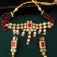 N060_Classy Layered Kundan Necklace studded with dazzling White and bright Square shaped Red stones with a touch of  pearls.