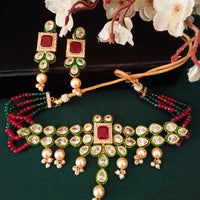 N060_Classy Layered Kundan Necklace studded with dazzling White and bright Square shaped Red stones with a touch of  pearls.