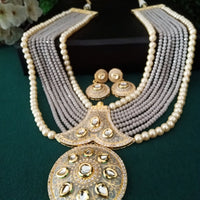 N0130_Gorgeous elaborated grey Crystal layered necklace set studded with kundan stones with a touch of pearls.