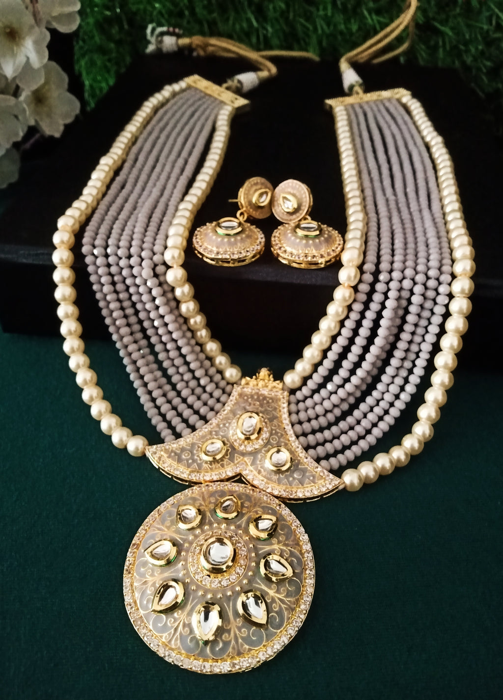 N0130_Gorgeous elaborated grey Crystal layered necklace set studded with kundan stones with a touch of pearls.