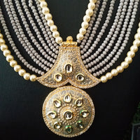 N0130_Gorgeous elaborated grey Crystal layered necklace set studded with kundan stones with a touch of pearls.