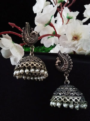 E0739_Gorgeous german silver oxidized peacock design jumkas with delicate patterns with a touch of bead drops.