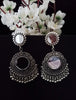 E0740_Classy german silver oxidized mirror work earrings with delicate patterns with a touch of bead drops.