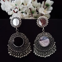 E0740_Classy german silver oxidized mirror work earrings with delicate patterns with a touch of bead drops.