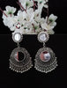 E0740_Classy german silver oxidized mirror work earrings with delicate patterns with a touch of bead drops.