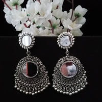 E0740_Classy german silver oxidized mirror work earrings with delicate patterns with a touch of bead drops.