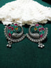 E0746_Trendy crafted german silver oxidized peacock design earrings with delicate work studded with pink and green stones with a touch of beads.