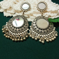 E0740_Classy german silver oxidized mirror work earrings with delicate patterns with a touch of bead drops.