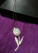 N0271_Elegant trendy long necklace with a touch of sparkling stones rose flower shaped pendant.