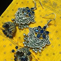 E0761_Classic crafted German silver oxidized danglers with a jumka drop along with a touch of stones and bead drops studded with blue stones.