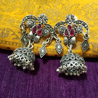 E0764_Gorgeous crafted design German silver oxidized jumkas with bead drops studded with stones.