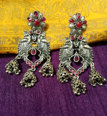 E0766_Lovely crafted peacock design German silver oxidized danglers with jumka drops with bead drops studded with pink color stones.