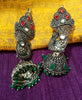 E0768_Lovely crafted kan pasha design German silver oxidized peacock pattern jumkas with a touch of stones & bead drops.