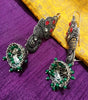 E0768_Lovely crafted kan pasha design German silver oxidized peacock pattern jumkas with a touch of stones & bead drops.