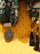 P046_Beautiful multi color soft oval pendant scarf with a touch of beautiful bead work and tassels.