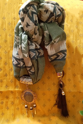 P047_Beautiful light green color soft pendant scarf with a touch of beautiful bead work and tassels.