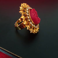 R026_Classic trendy red & golden color adjustable rings with a touch of semi precious stones.