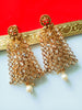 E0795_Grand crafted designer golden color danglers studded with a touch of dazzling american diamond stones with a touch of pearl drops.