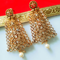 E0795_Grand crafted designer golden color danglers studded with a touch of dazzling american diamond stones with a touch of pearl drops.