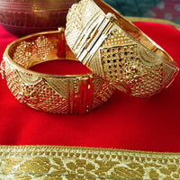 B0190_Gorgeous traditional style Gold plated screw type adjustable broad bangles with delicate craft work.