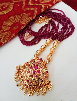 N018_Elegant Micro Gold plated Necklace studded with precious pink ruby stones & Magenta colored crystals