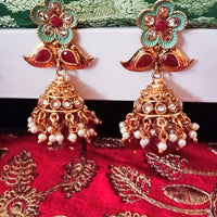 E0796_Gorgeous crafted flower & leafy design  Meenakari jumkas with a touch of dazzling stones along with bead drops.