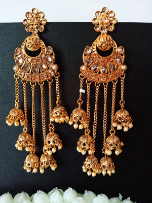 E0798_Gorgeous crafted chain drop danglers with a touch of dazzling stones along with jumka drops with beads.