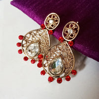 E0829_Beautiful crafted golden color ear drop hanging studded with red stones.