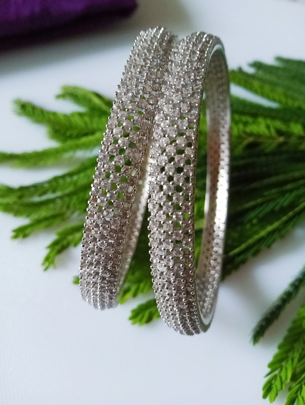 B049_S_Classy Silver plated bangles studded with  American Diamond stones.