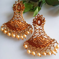 E0835_Gorgeous Golden Meenakari style earrings studded with stones with a touch of pearls.