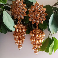 E0834_Gorgeous Golden Meenakari style danglers studded with stones with a touch of pearls.