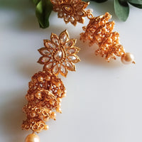 E0834_Gorgeous Golden Meenakari style danglers studded with stones with a touch of pearls.