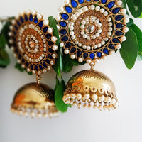 E0308_Gorgeous Meenakari Danglers studded with American Diamond stones with a touch of light Blue and white bead drops.