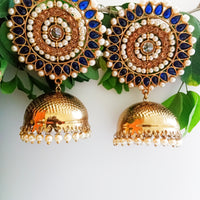 E0308_Gorgeous Meenakari Danglers studded with American Diamond stones with a touch of light Blue and white bead drops.