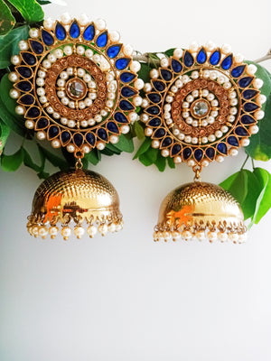 E0308_Gorgeous Meenakari Danglers studded with American Diamond stones with a touch of light Blue and white bead drops.