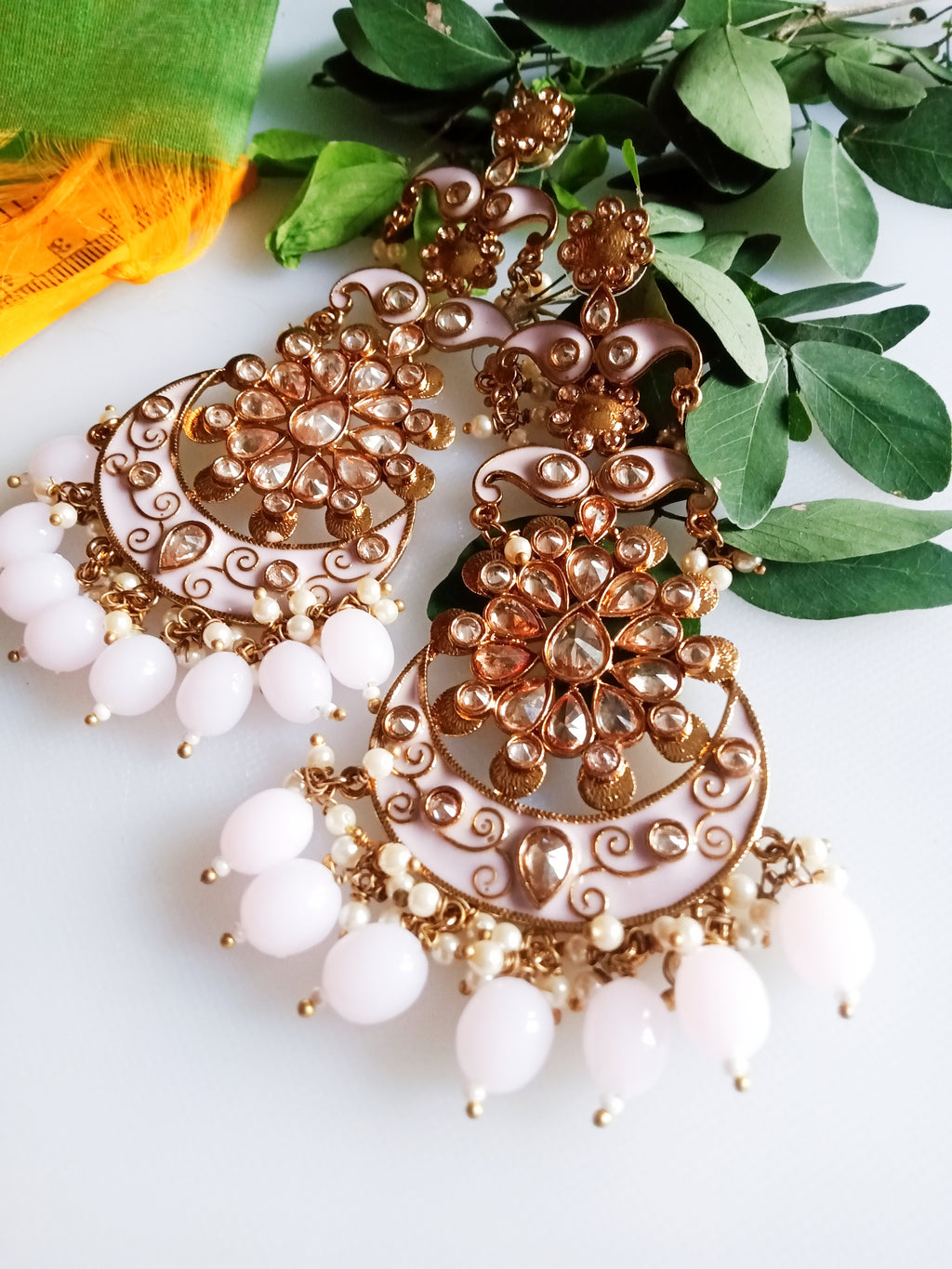 E0127_Gorgeous Meenakari Danglers studded with American Diamond stones with a touch of light pink bead drops.