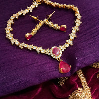 N0186_Elegant Micro Gold plated Necklace with delicate work studded with American Diamond & Semi Precious pink ruby stones