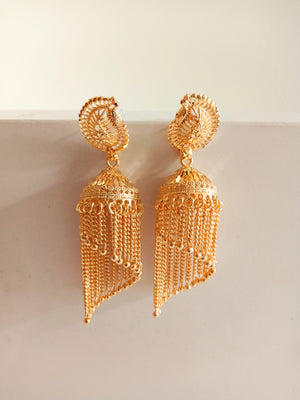 E0835_Gorgeous golden color jumkas with delicate designs with chain drops.
